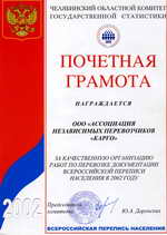 Почетная грамота Челябинского областного комитета государственной статистики